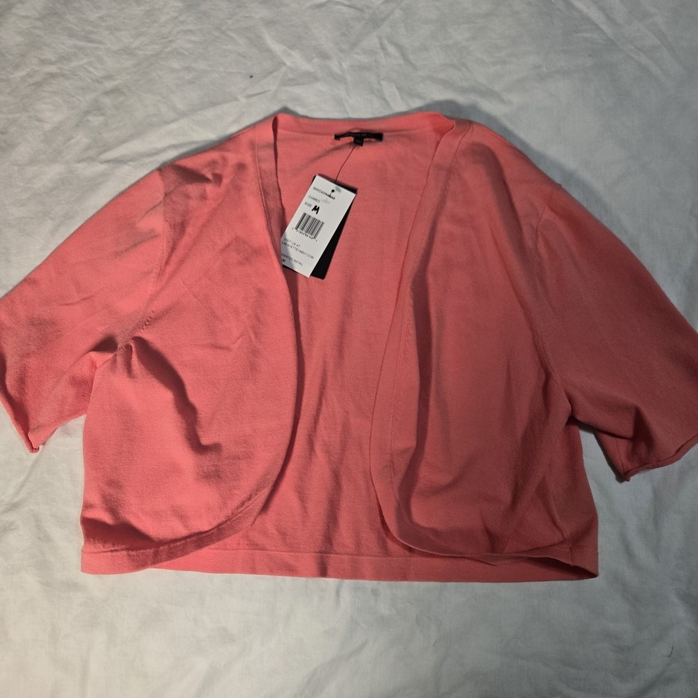 Lafayette 148 Crop Open Cardigan Short Sleeve Women's‎ XL Coral  Stretch NWT - Picture 2 of 7